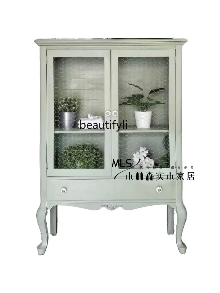 

French Retro Sideboard Multi-Function Locker Living Room Wine Cabinet Clothes Closet Glass Door Solid Wood Cabinet