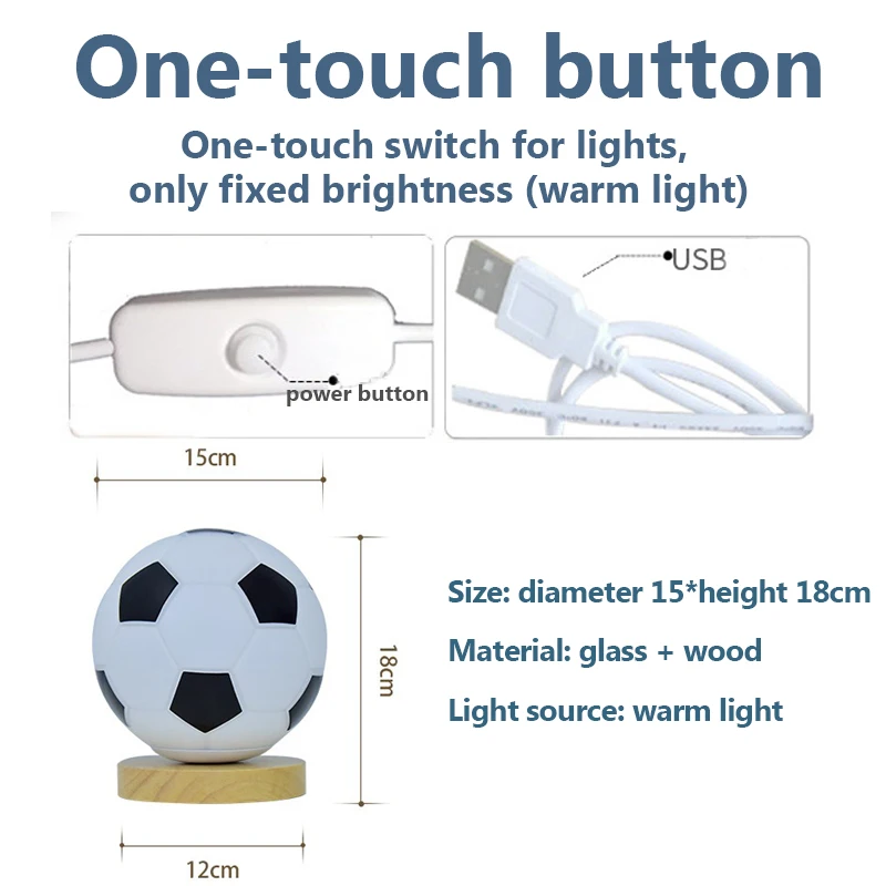 Lampu malam sepak bola, lentera meja sepak bola 3D, dudukan kayu LED USB dekorasi samping tempat tidur, Penerangan, hadiah anak-anak pecinta sepak bola 1/2 buah