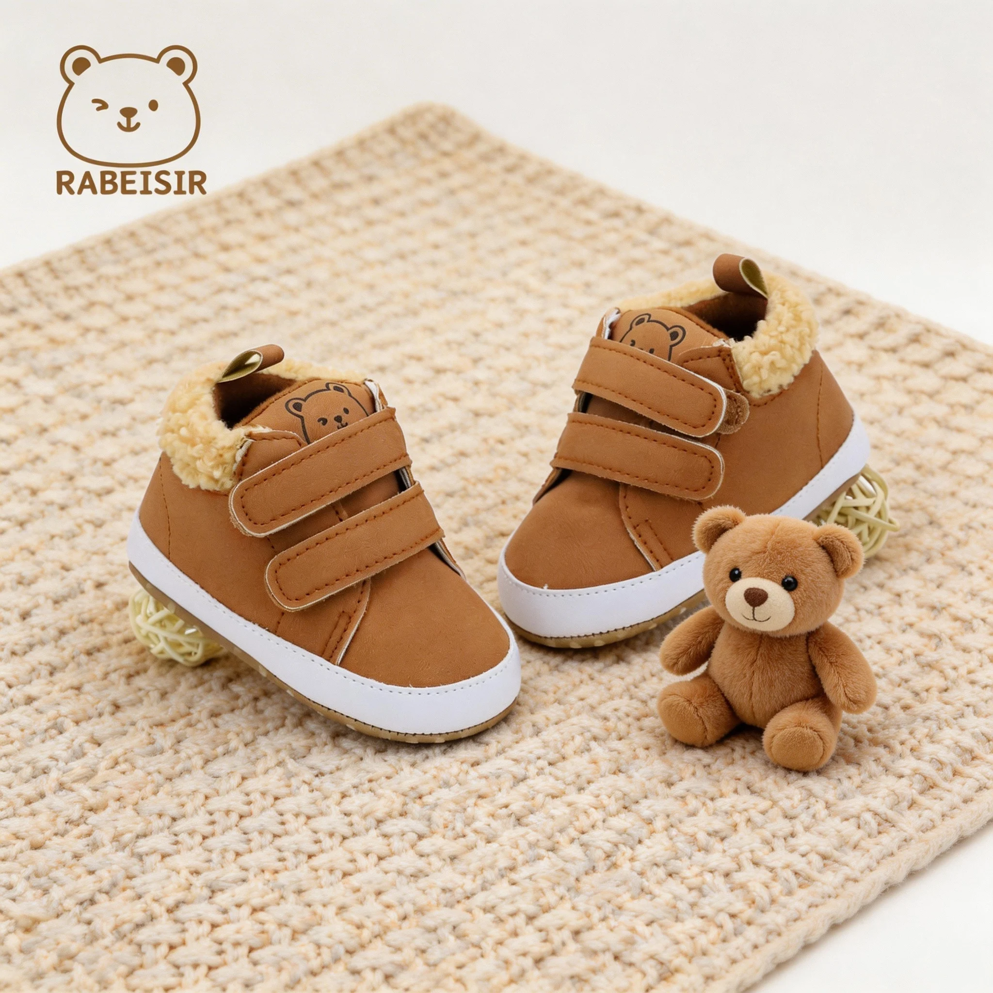 Baby Shoes Boy Girl Velcro Fur Trim Bear Print Casual Soft Sole Lightweight Infant First Walkers 0-18M
