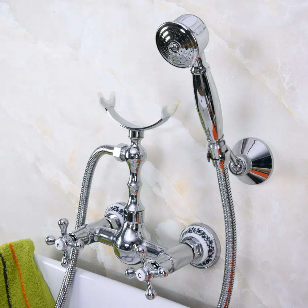 

Polished Chrome Brass Wall Mount Bathtub Faucet with Handheld Shower Set +1500MM Hose Mixer Tap 2na255