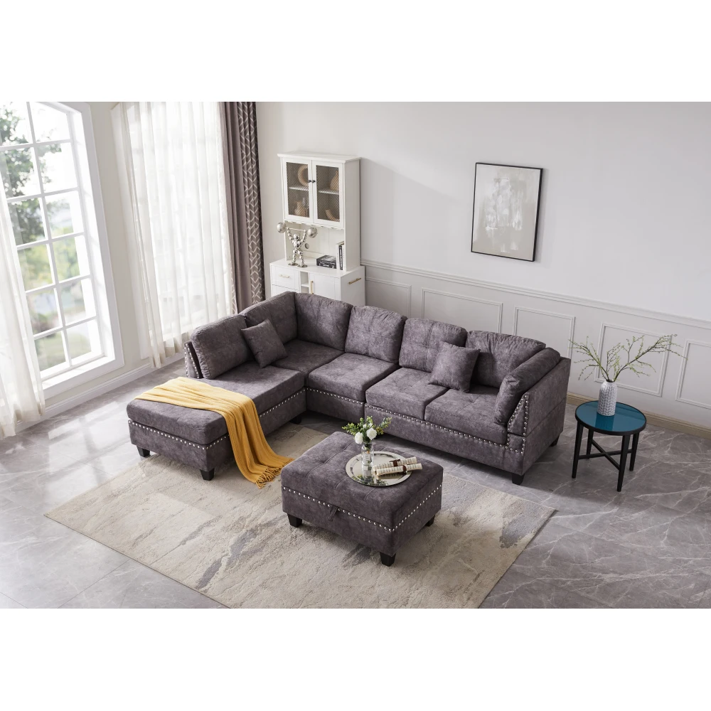 Sectional 3-Seaters Sofa with Reversible Chaise Storage Ottoman inlaid with copper nail Two Small Pillows Grey