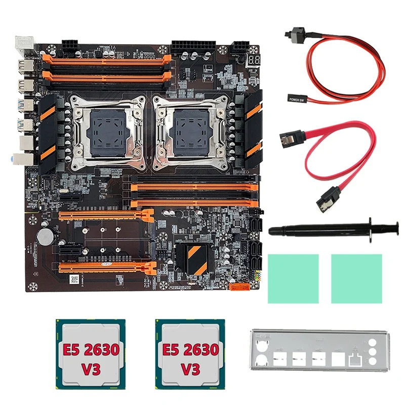 X99 Dual Motherboard CPU Motherboard +2XE5 2630 V3 CPU+SATA Cable+Baffle+Thermal Grease LGA 2011 8XDDR4 Slot Support 2011-V3 CPU