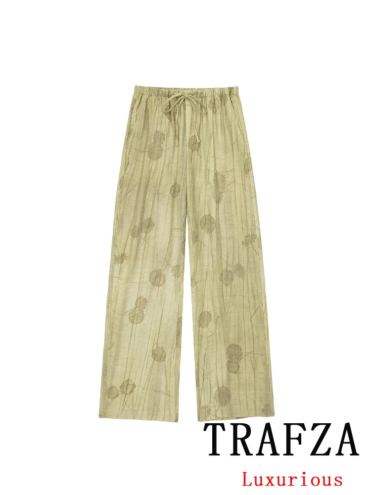TRAFZA Vintage Green Embroidery Women Suit Single Breasted V Neck Shirts Loose Long Pants Fashion 2024 Spring Summer Sets