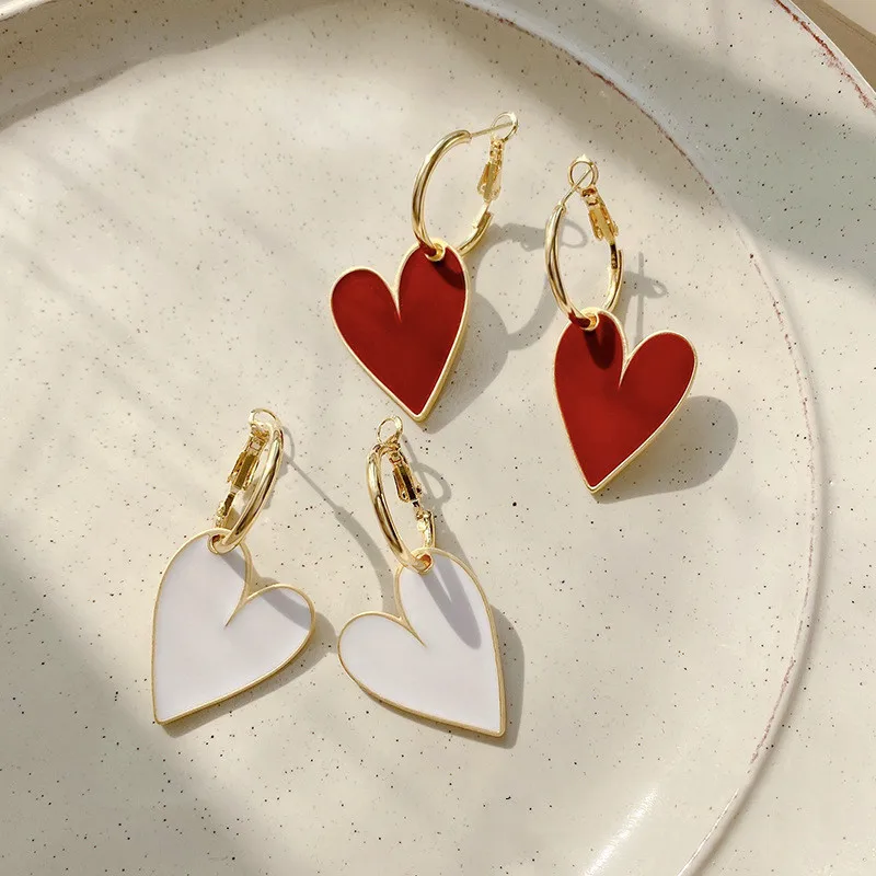 Elegant Heart Dangle Drop Earrings for Women White Red Color Pattern Graffiti Drip Oil Gold Loop Earrings Love Gifts Jewelry