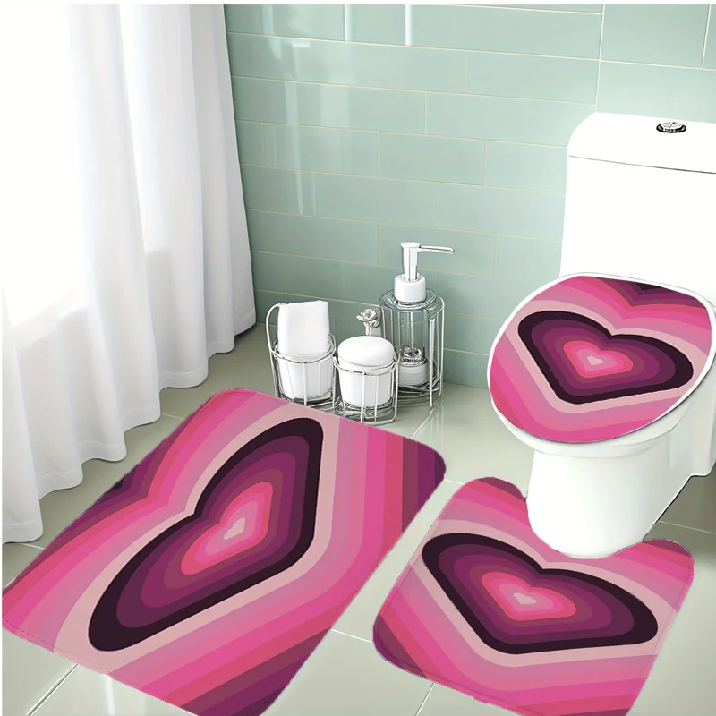 

Pink Ombre Heart Bath Set Three Piece Mat Toilet Lid Cover and U Shaped Rug Soft Non Slip Machine Washable for Bathroom Decor