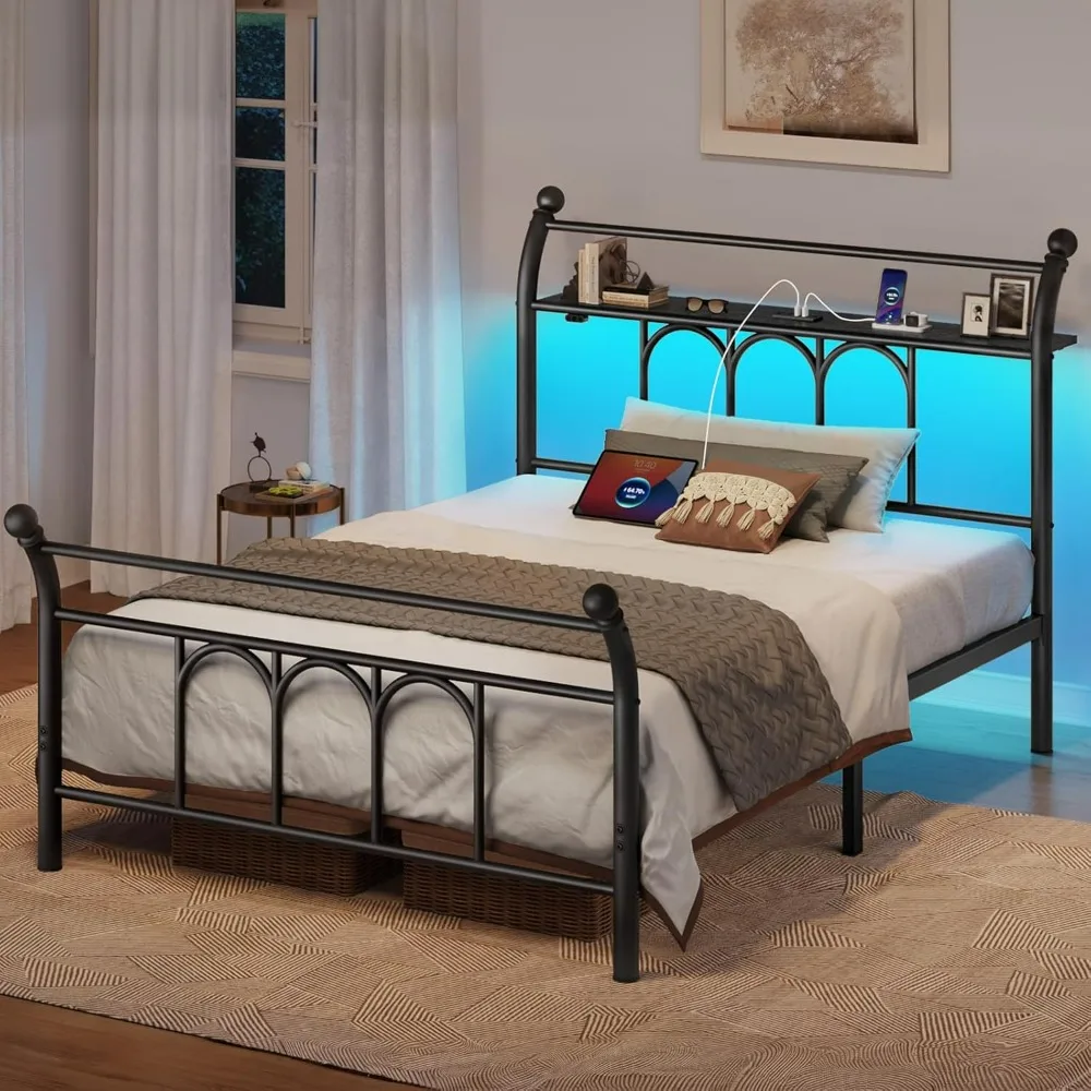 cama. Estrutura de cama de solteiro com estação de carregamento USB, estrutura de cama LED com cabeceira de armazenamento, cama de plataforma de metal preto de 14 polegadas com trenó