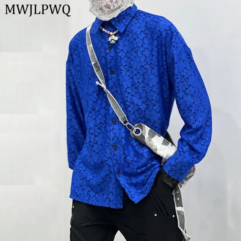 

MWJLPWQ 2025 New Blue Jacquard Design Shirts Male High Street Lapel Single Breasted Loose Casual Long Sleeve Tops For Men 11427