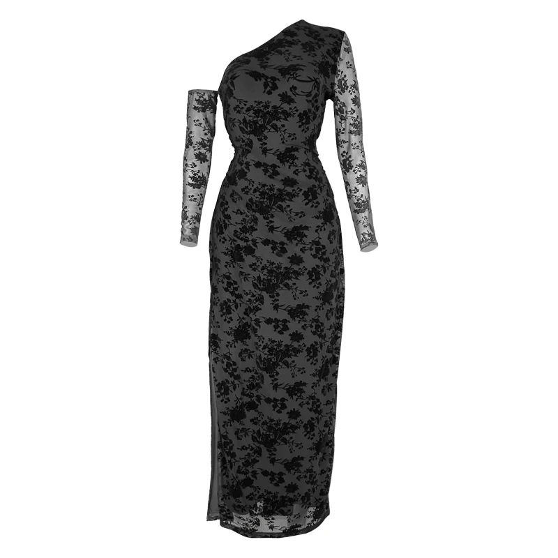 Nuovo abito in rete floreale nera a maniche lunghe monospalla - Abito da sera sexy con spacco slim fit