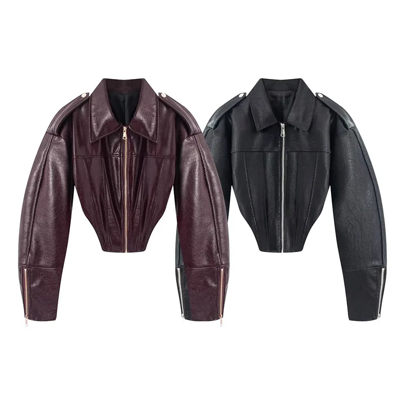 

Withered European And American Retro Motorcycle Style Glossy Topcoat With Exposed Waist Leather Short Jacket Woman Clothes Tops