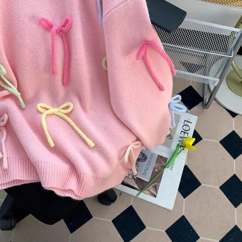 المرأة ربيع الخريف الحلو Bowknot الوردي سترة موضة الجوكر س الرقبة طويلة الأكمام متماسكة البلوز القمم 2025 جديد تريكو الإناث