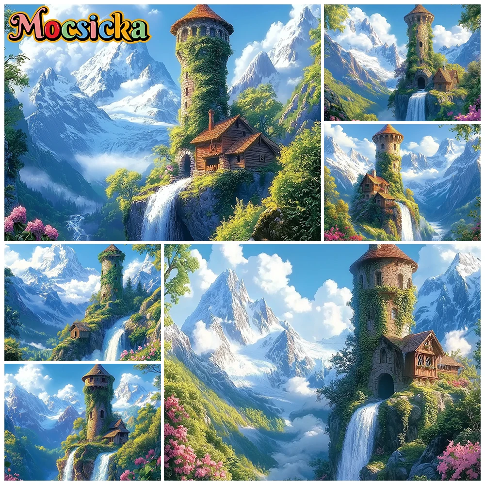 Mocsicka Fantasy Snow Mountain Tower Cabin Photo Backdrop Waterfall Green Ivy Cliff House Alpine Cloud Valley Floral Backgrounds