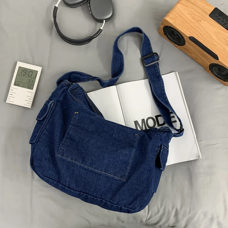 Hong Kong StyleTooling Package Large Capacity Denim Satchels Lazy Style Canvas Women Shoulder Bags Simple Crossbody Bags Man