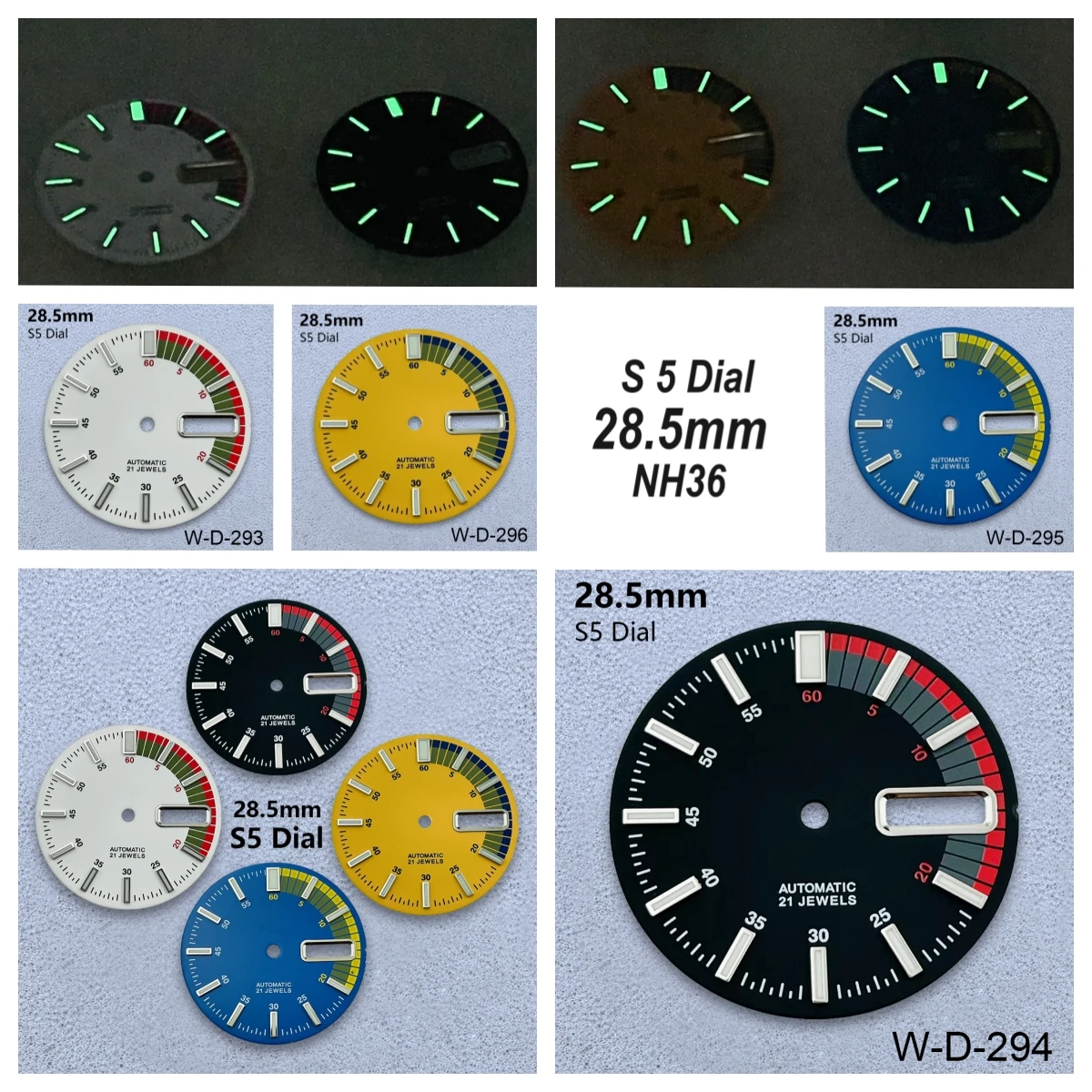 

28.5mm S5 Logo Colorful Dial Fit NH36/4R36 Movement Green Luminous Dual Calendar High-Quality Watch Modified Accessories