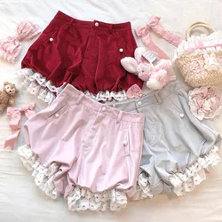 Japanese Lolita Women's Kawaii High Waist Velvet Shorts Harajuku Y2k Lace Ruffles Short Pants Girls Winter Cute JK Bloomers