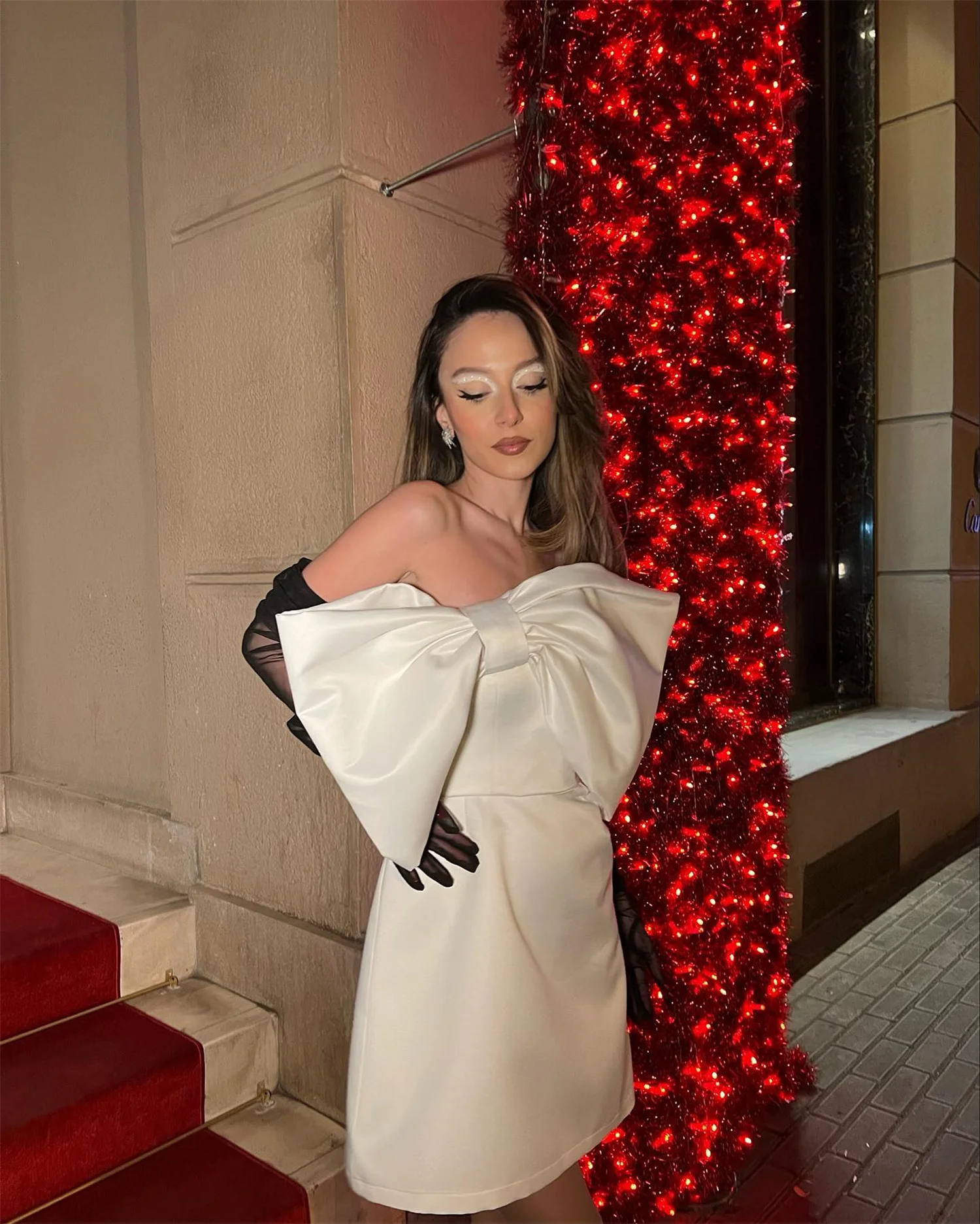 EDECPBM 이브닝 드레스 우아한 파티 드레스 2025 새틴 미니 여성 이브닝 드레스 맞춤형 큰 리본