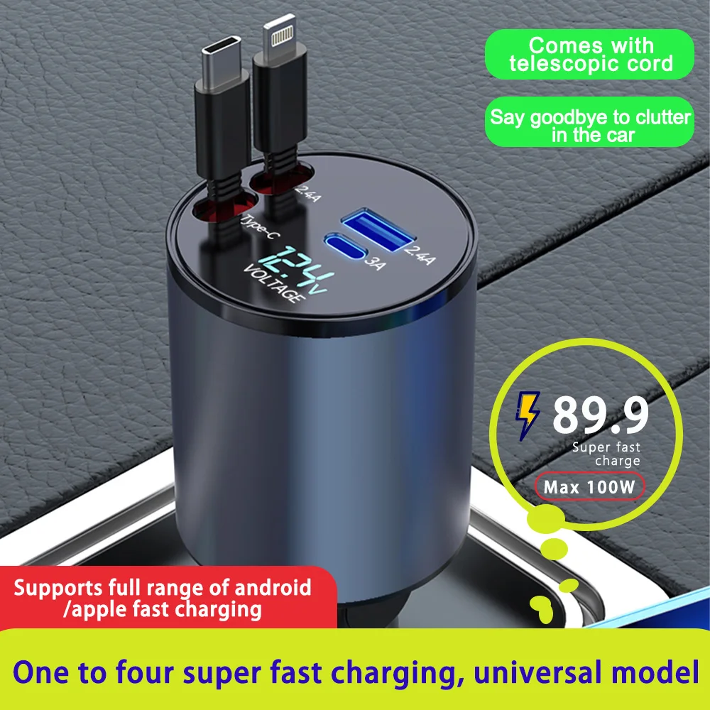

100w 4 IN 1 Retractable Car Charger USB Type C Cable For IPhone Samsung Fast Charge Cord Cigarette Lighter Adapter