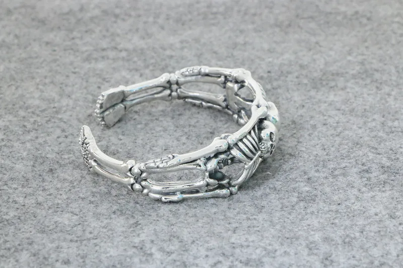 S925 Sterling Silver Vintage Gothic Style Men's Double Skull Head Bracelet with Dominant Trend and Individualized Minority Desig