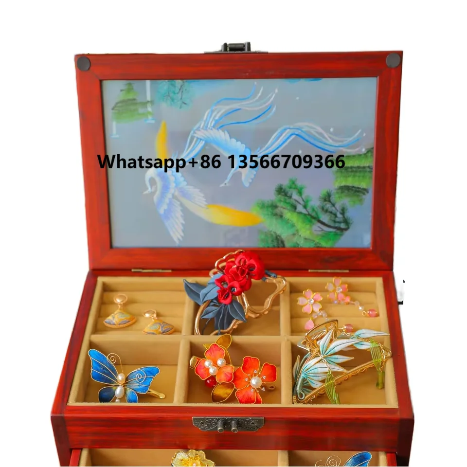 

Three-Layer Wooden Jewelry Box With Beautiful Suzhou Embroidery Cross-Stitching & Needlework Crafts