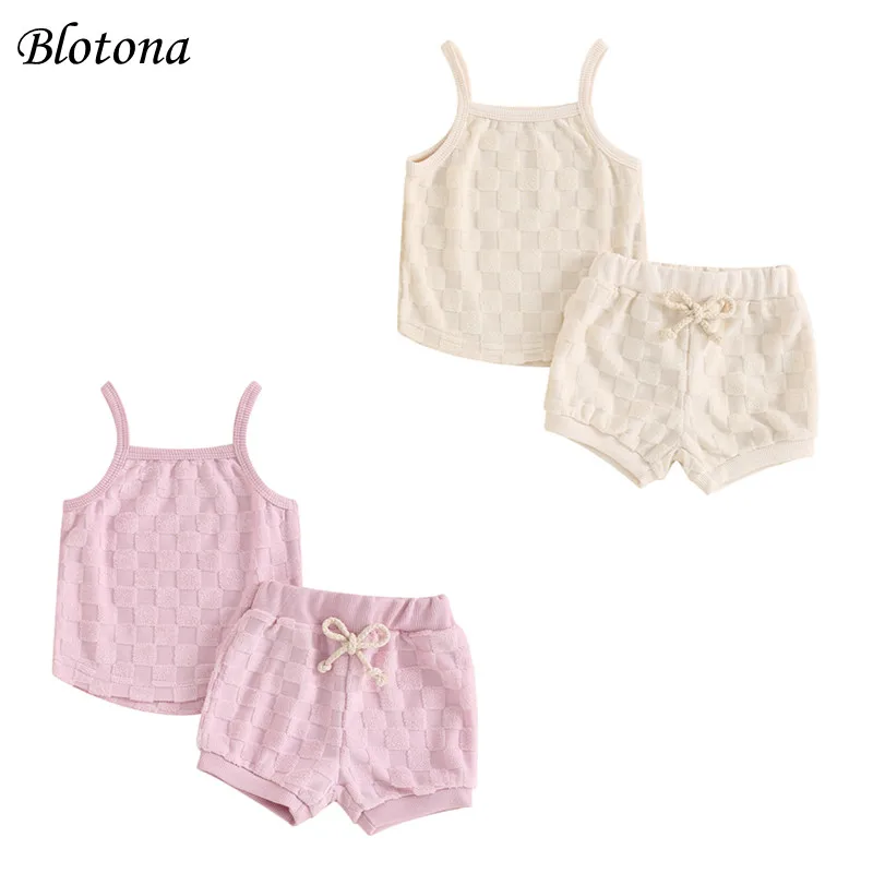 Blotona Little Girls Summer Shorts Sets Checkerboard Print Square Collar Camisole Tops Drawstring Shorts Sets