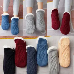 1Pair Solid Color Anti-Slip Floor Socks Thicken Plush Flip Flops Warm Bedroom Slippers Men Women Winter Shoes Indoor Accessories