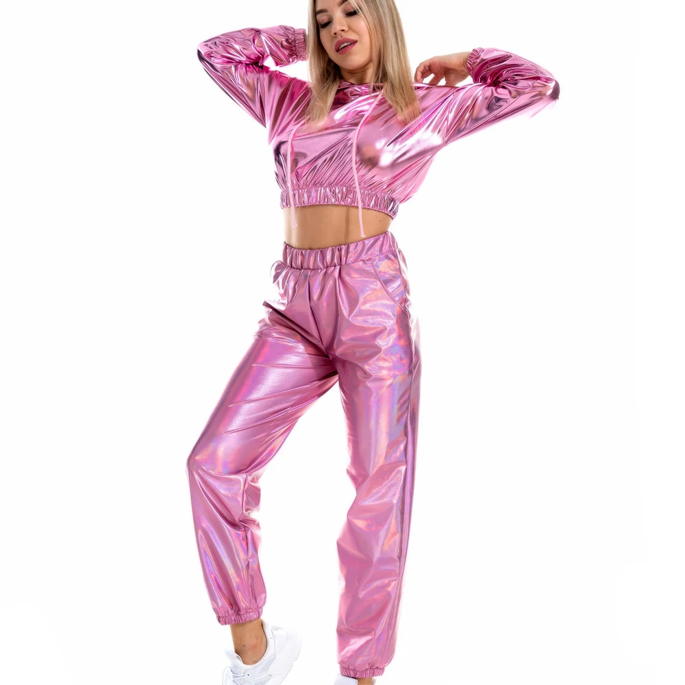 Streetwear Y2K Women Outfits Holographic Wetlook Hooded Crop Top Hoodies T-Shirt Sweatpants Cargo Trousers Sport Tracksuits