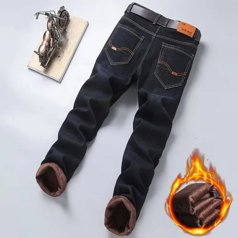 2024ฤดูหนาวใหม่สบายๆขนแกะกางเกงยีนส์สไตล์คลาสสิกธุรกิจThickenขนสัตว์ปกติFit DenimกางเกงPlushกางเกง