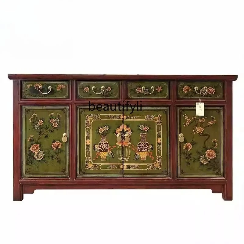 

New Chinese style retro furniture hand-painted entrance cabinet old hand-painted sideboard storage decorative cabinet