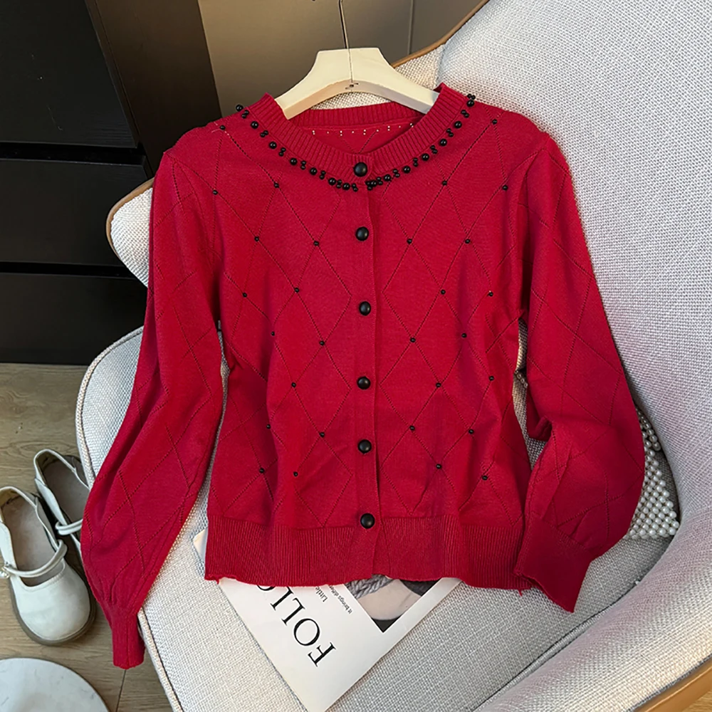 Women Beading Plaids Knit Cardigans Spring Autumn Loose O-Neck Sweater Outerwear Elegant Temperament Single Breasted Knitted Top