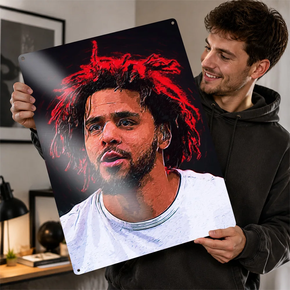 J Cole Closeup Portrait Aluminum Poster Painterly Wall Art For Music Studio Personalized Metal Sign Record Collector Gift Idea