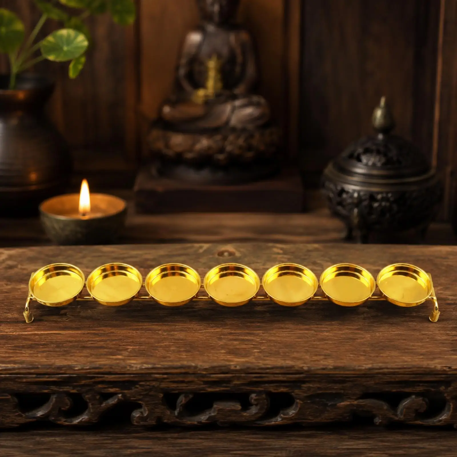 Oil Lamp Holder Seven Cup Alloy Gold Tone Single Row Design for Devotional Altar Temple Prayer Butter Lamp Stand Home Decor