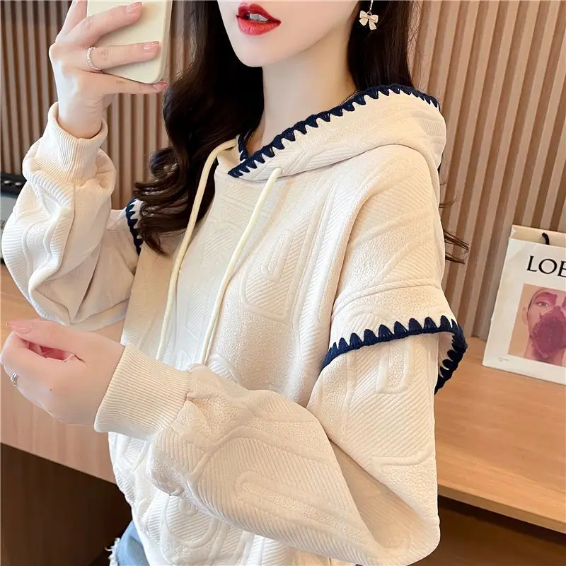 

Autumn Winter New Fashion Solid Color Patchwork Long Sleeve Pullovers Hoodies Drawstring Korean Loose Trend All-match Chic Tops