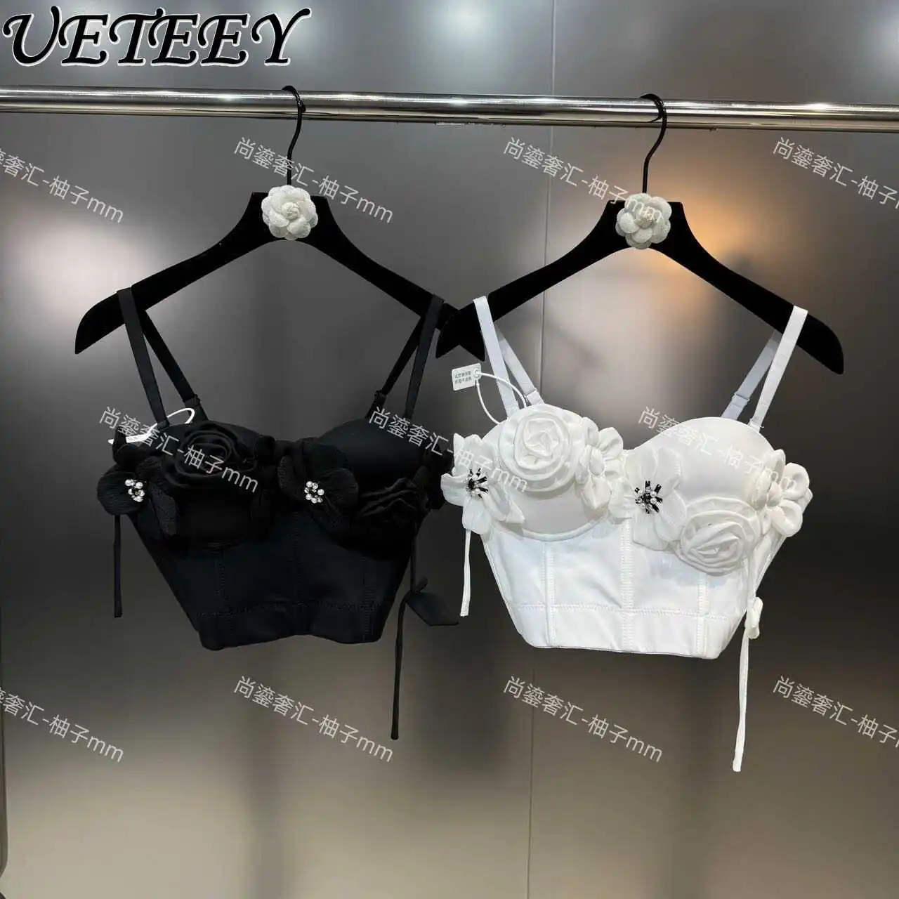 Summer Flower Design Beaded Waist Tight One-Piece Cup Inner Vest European and American Style Short Street Fashion Crop Tops