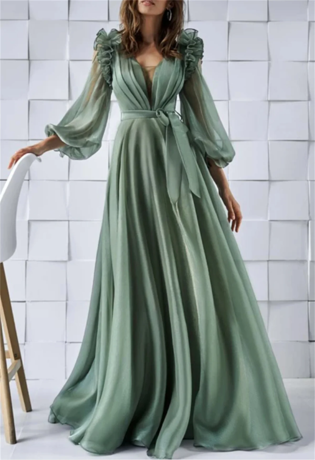 Vestido De Novia bohemio verde para mujer, traje elegante De Princesa con mangas abullonadas, escote Corazón, apliques, 2024