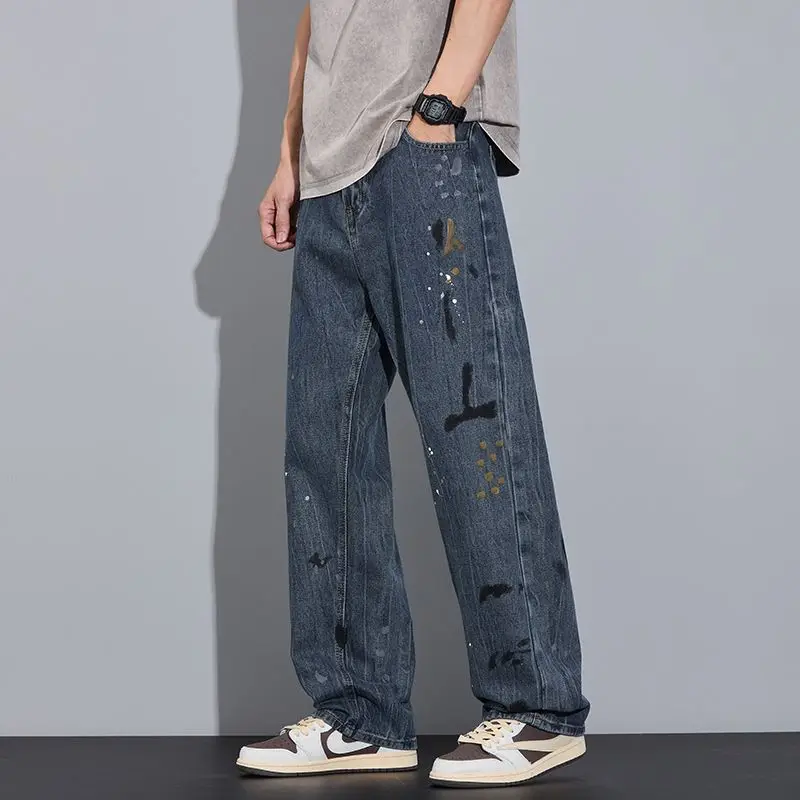 Design Sense Graffiti Inkjet Denim Pants Men's Deep Blue Retro Loose Versatile Straight Leg Pants Spring Summer Thin Collection