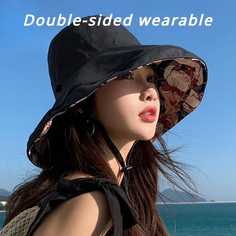 

Spring and Summer New Double-Sided Wear Big Brim Fisherman Hat Women's Outdoor Sun Hat Pure Cotton Breathable Sun Hat