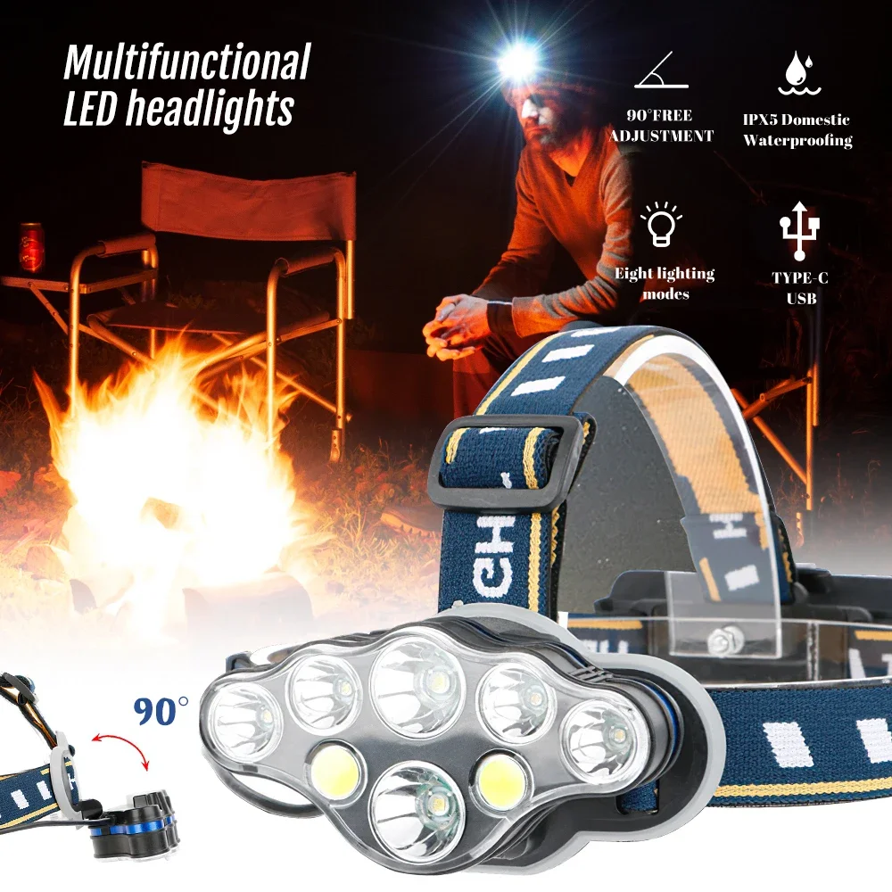 Headlamp USB Rechargeable Headlight  COD 90° Waterproof  Torch 8Mode Camping Fishing Bright Forehead Flashlight