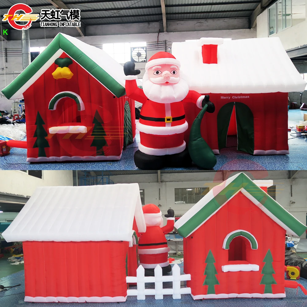 Snelle verzending 7x3m/8x4m opblaasbaar kersthuis met kerstman gigantisch opblaasbaar kersthuis met hek te koop