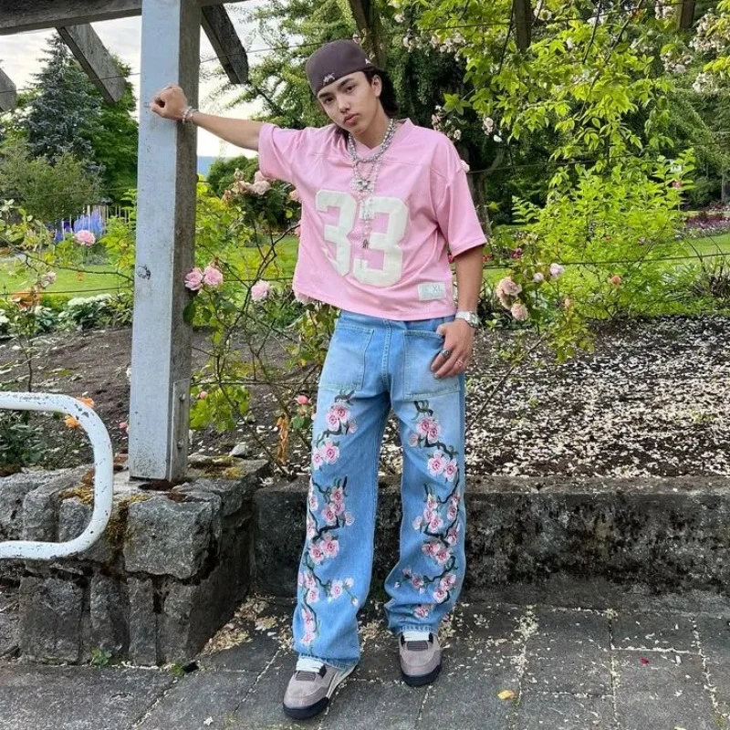 Y2K jeans Men Harajuku cherry blossom print pattern Denim Pants Hip Hop vintage men women goth Casual wide leg pants streetwear