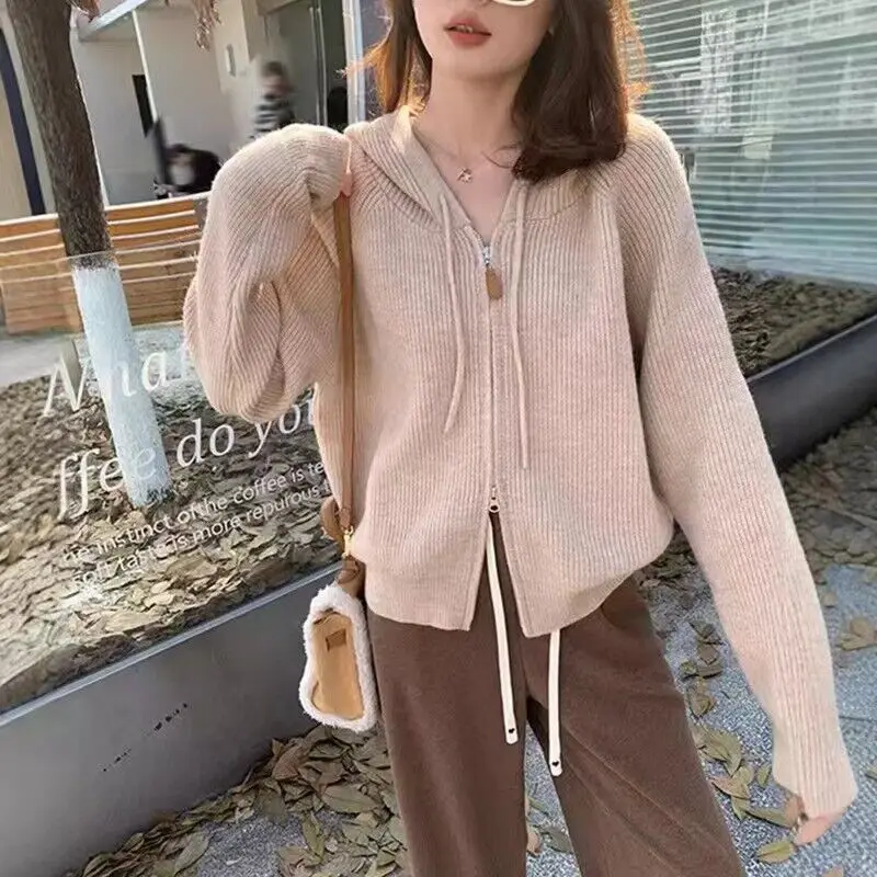 New Autumn/Winter Temperament Versatile Loose Slimming Design Slimming Sweater Double Headed Zipper Knitted Cardigan Hooded