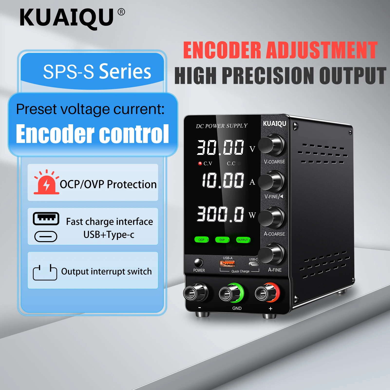 KUAIQU 2024 Newest OCP OVP DC Adjustable Laboratory Power Supply 30V 10A 5A Output Switch USB-A TYPE-C Port Fast Charging 120V