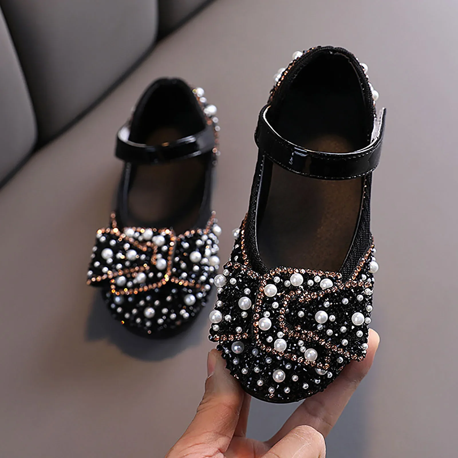 Neue Herbst-Kinder-Lederschuhe mit Pailletten, Mädchen Prinzessinnen-Strass-Perlen-Schleife Einzelschuhe, Modische Baby-Kinder-Hochzeitsschuhe – Detail 9