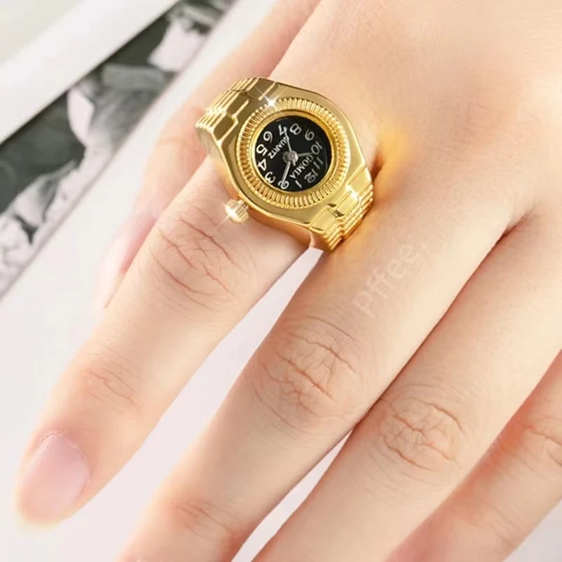 Vintage Punk Finger Watch Mini Elastic Strap Alloy Watches CoupleRings Jewelry Clock Retro Roman Quartz Watch Rings Women Men