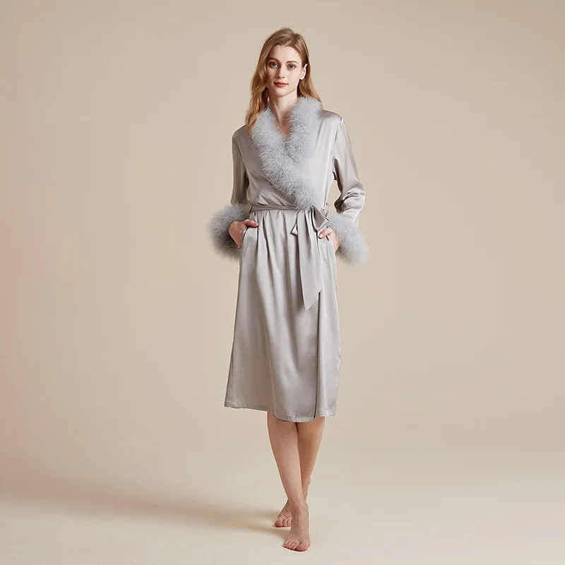 Luxury Female Removable Feather Kimono Bathrobe Long Robe Sleepwear 2025 New Silky Satin Nightgown Nightwear Loose Dressing Gown