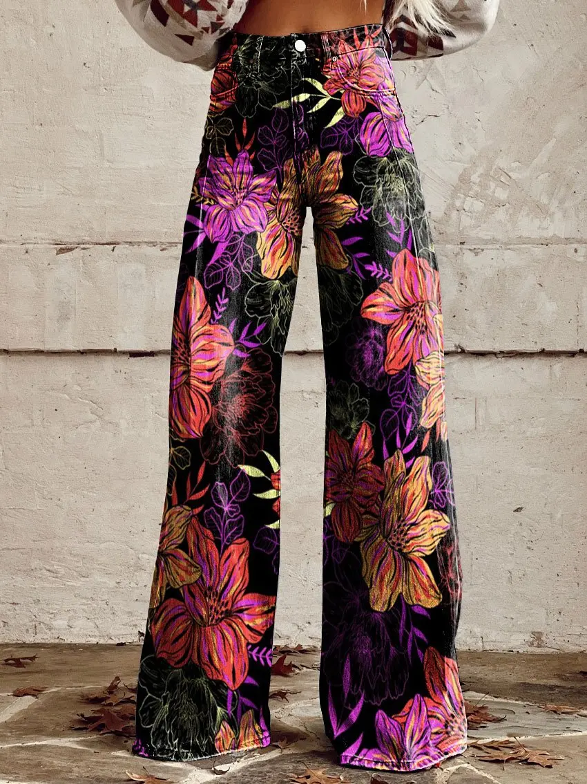 Ladies new bell bottom pants 3D printed flowers and grass pattern retro hot selling ladies trousers S-3XL