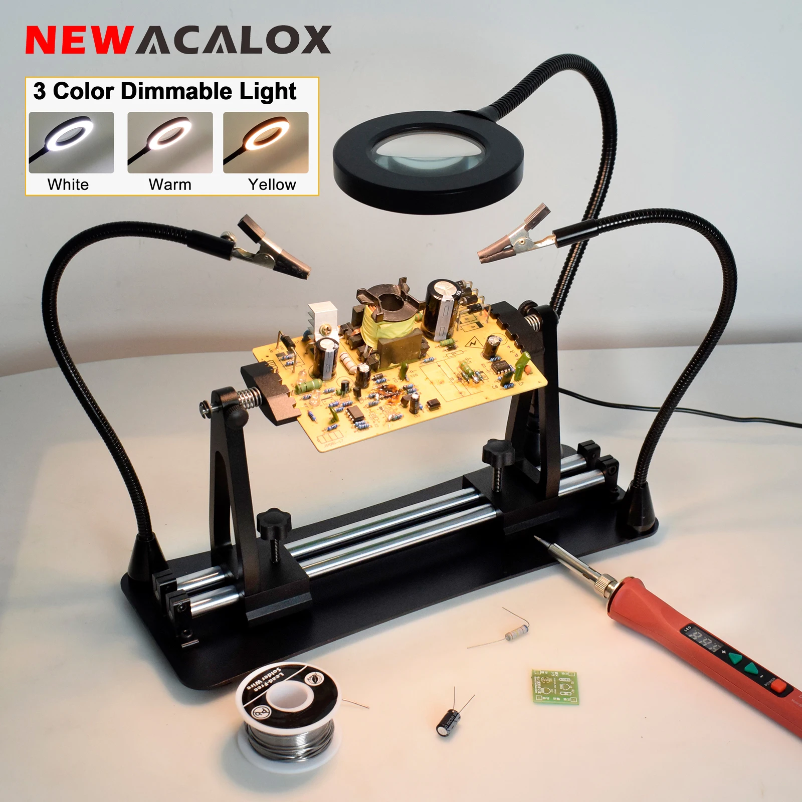 

NEWACALOX 360° Flipping PCB Clip Soldering Third Hand with 3X LED Illuminated Magnifier Welding Helping Hand Rework Station