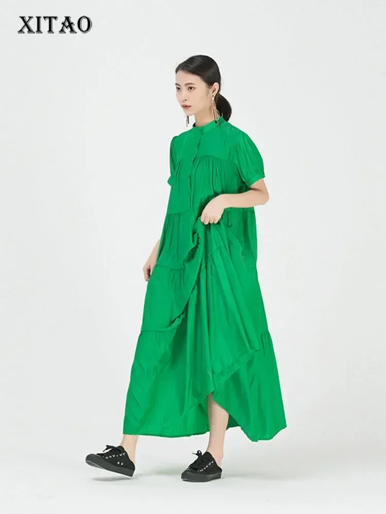 

XITAO Patchwork Draped Dress Women Summer Casual Fashion New Style Temperament Loose Stand Collar Short Sleeve Dress DZL1080