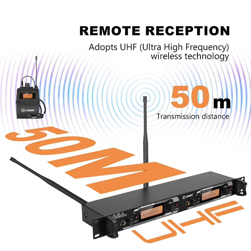 LMBGM AR2090 Pro UHF Professional Wireless In Ear Monitor System Mono Audio 164FT Range Dual Channel Metal Panel Stage Monitor Infrared Pairing 16CH Selectable Frequency for Band Studio Live Performance Church Karaoke DJ Stage Shows (2 Beltpack Receivers) view 2