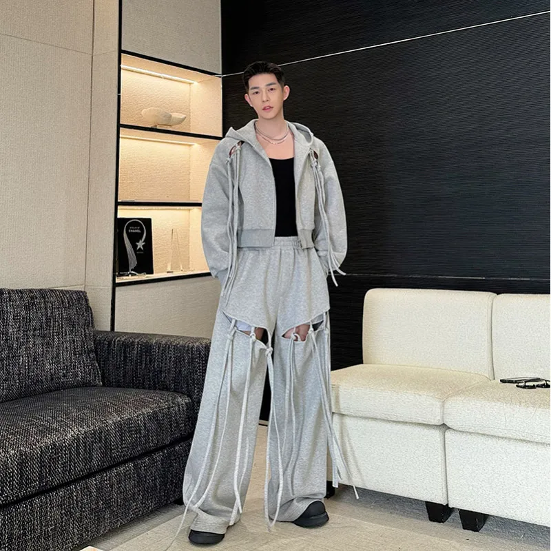 

Loose ort Open Cardigan Sweatirt Set Men Women Lazy Hip Hop Wide Leg Pants Jaet Hollow out Design Spring Autumn Casual