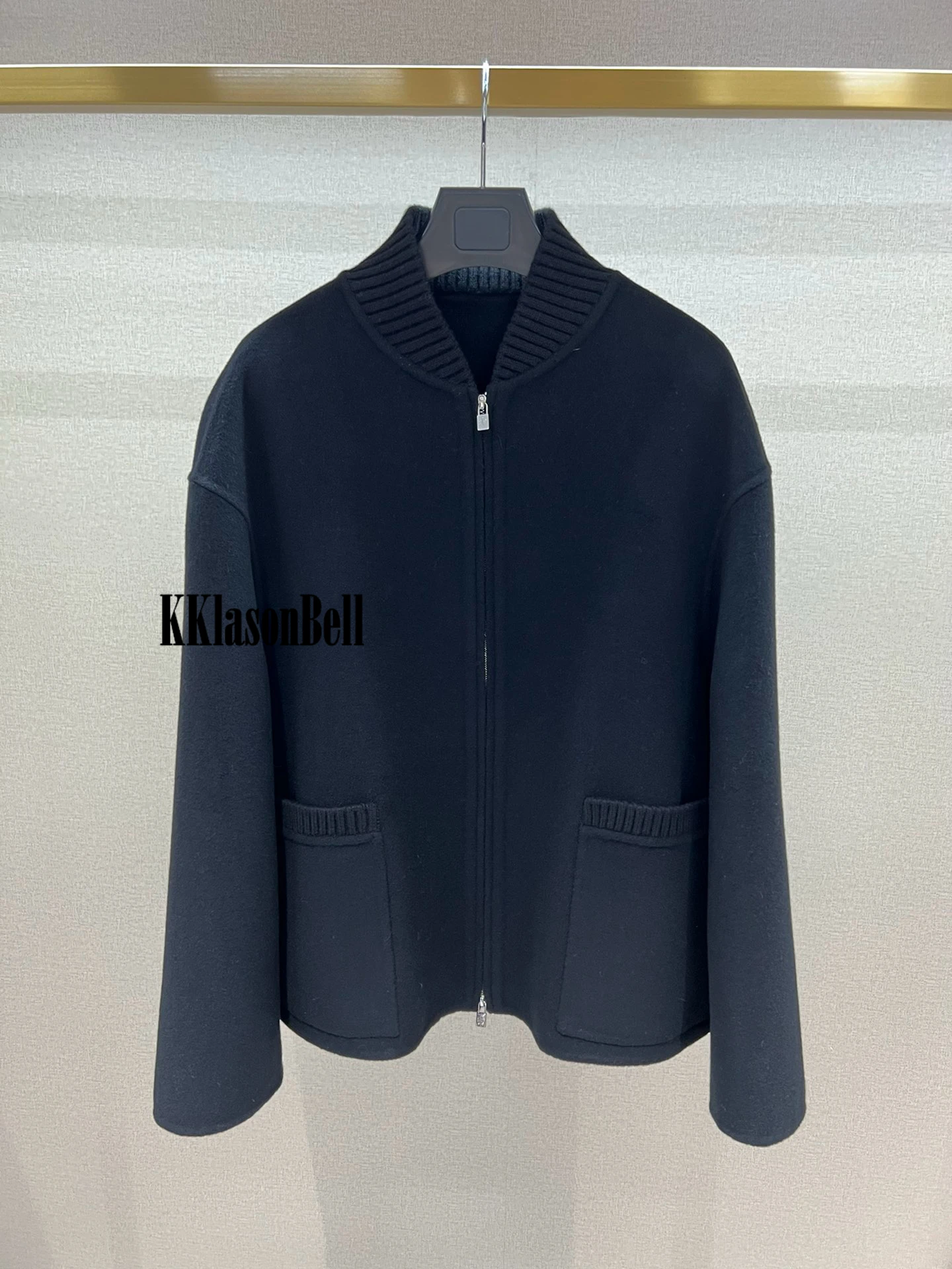 12.13 KKlasonBell Casual Loose Ribbed Stand Collar Zipper Cashmere Wool Coat Women