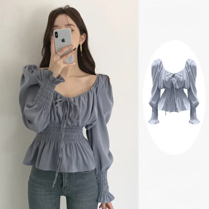 MRMT 2024 Brand New Women's French Retro Square Neck Puff Sleeve Top Waist Thin Long Sleeve Gentle Blue Shirt Women